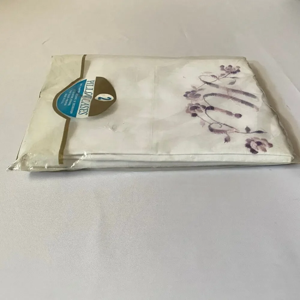 Vtg His Hers Pillowcases Set 2 Purple Floral Embroidery Cotton NIP Cottagecore